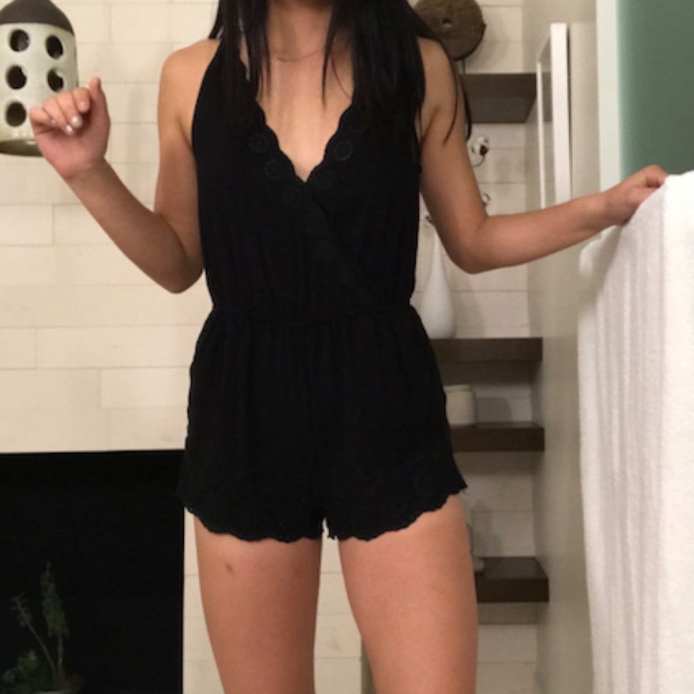 Black Romper with Lace Detail